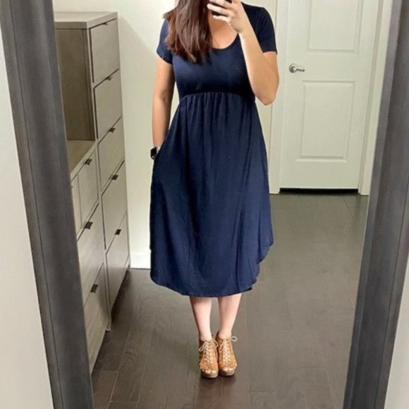 High Low Flowy Empire Pocket Short Sleeve Midi Dress Navy Blue L - Picture 4 of 4
